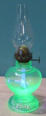 Light Blue Uranium Glass Handy Miniature Oil Lamp Depression Era 7 1/8 Glows