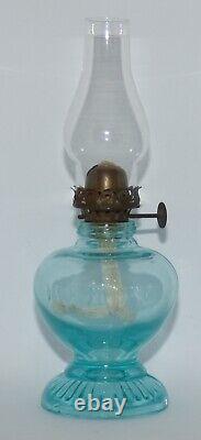 Light Blue Uranium Glass Handy Miniature Oil Lamp Depression Era 7 1/8 Glows