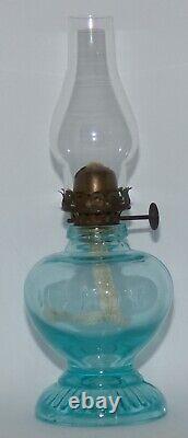 Light Blue Uranium Glass Handy Miniature Oil Lamp Depression Era 7 1/8 Glows