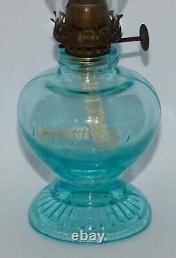 Light Blue Uranium Glass Handy Miniature Oil Lamp Depression Era 7 1/8 Glows