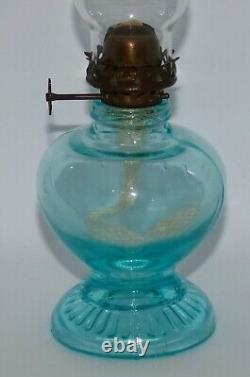 Light Blue Uranium Glass Handy Miniature Oil Lamp Depression Era 7 1/8 Glows
