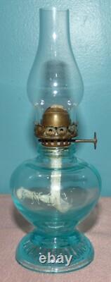 Light Blue Uranium Glass Handy Miniature Oil Lamp Depression Era 7 1/8 Glows