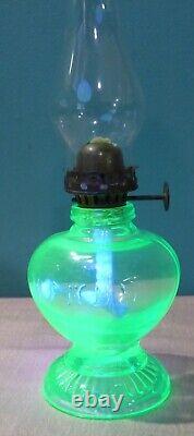 Light Blue Uranium Glass Handy Miniature Oil Lamp Depression Era 7 1/8 Glows