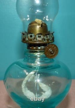 Light Blue Uranium Glass Handy Miniature Oil Lamp Depression Era 7 1/8 Glows
