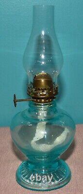 Light Blue Uranium Glass Handy Miniature Oil Lamp Depression Era 7 1/8 Glows