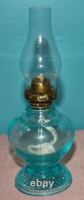 Light Blue Uranium Glass Handy Miniature Oil Lamp Depression Era 7 1/8 Glows