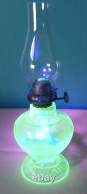 Light Blue Uranium Glass Handy Miniature Oil Lamp Depression Era 7 1/8 Glows