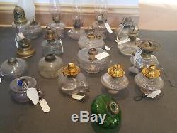 Lot of 18 Antique Vintage Clear Glass Oil Kerosene Hurricane Lamp, Peg, Chimneys