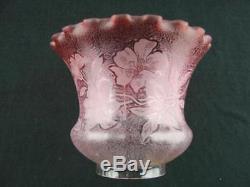 Lovely Small Antique Oil Lamp Shade, Cranberry & Moulded Etched Glass, 3 Fitter