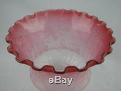 Lovely Small Antique Oil Lamp Shade, Cranberry & Moulded Etched Glass, 3 Fitter