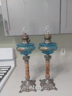 Marble Column Bass Blue Enameled Oil Lamps