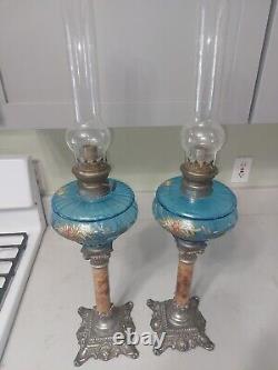 Marble Column Bass Blue Enameled Oil Lamps