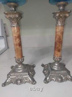 Marble Column Bass Blue Enameled Oil Lamps