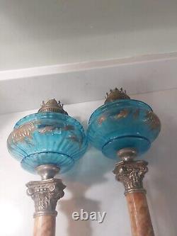 Marble Column Bass Blue Enameled Oil Lamps