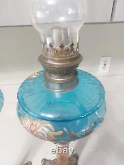 Marble Column Bass Blue Enameled Oil Lamps