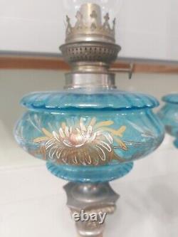 Marble Column Bass Blue Enameled Oil Lamps