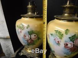 Matching Pair Large Fostoria GWTW Kerosene Oil Lamps Roses