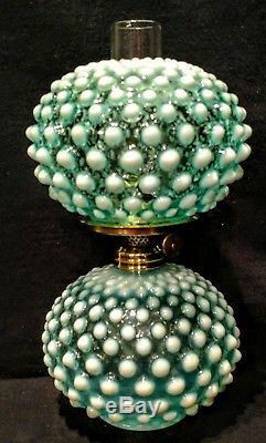 Miniature Antique Blue Opalescent Hobnail Glass Oil Lamp Matching Shade (works)