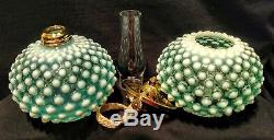 Miniature Antique Blue Opalescent Hobnail Glass Oil Lamp Matching Shade (works)