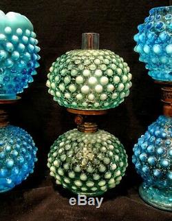 Miniature Antique Blue Opalescent Hobnail Oil / Kerosene Lamp & Shade