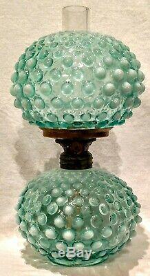 Miniature Antique Blue Opalescent Hobnail Oil / Kerosene Lamp & Shade