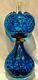 Miniature Antique Blue, Teal Coin Dot Glass Oil Lamp Excellent Working Condition