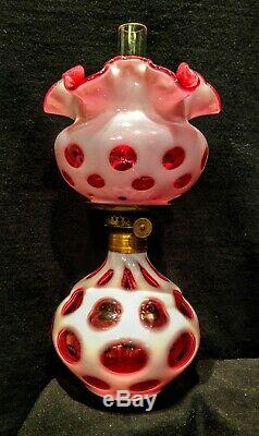 Miniature Antique Cranberry Coin Dot Glass Oil Lamp Excellent Working Condition