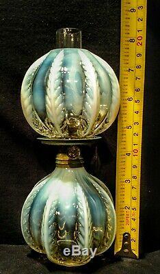 Miniature Lamp Antique Opalescent feather pattern 7.5H oil kerosene late 1800's