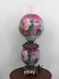Monumental Antique Pink Red Rose Royal Gone With the Wind Banquet Oil Lamp