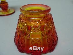 NICE AMBERINA DAISY & CUBE PRESSED GLASS MINIATURE OIL LAMP with NUTMEG BURNER