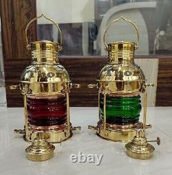 Nautical Set of 2 Lamp Antique Brass Finish Red, Green Oil Lantern Ship Oil Lamp