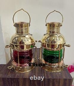 Nautical Set of 2 Lamp Antique Brass Finish Red, Green Oil Lantern Ship Oil Lamp