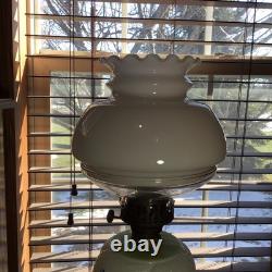 Nice Antique Hand Painted 16 1/2 White Lattice GWTW Oil Lamp With Shade & Wick