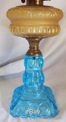 OLD Antique ADAMS Amber & Blue Glass MOON & STAR Patterned Glass OIL LAMP EAPG