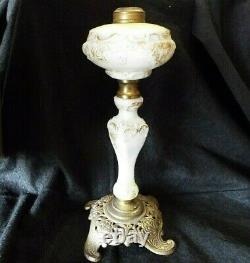 OLD Antique P &A Miniature BANQUET OIL LAMP Plume Atwood MILK GLASS Embossed 11