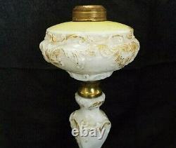 OLD Antique P &A Miniature BANQUET OIL LAMP Plume Atwood MILK GLASS Embossed 11