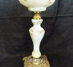 OLD Antique P &A Miniature BANQUET OIL LAMP Plume Atwood MILK GLASS Embossed 11