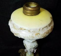 OLD Antique P &A Miniature BANQUET OIL LAMP Plume Atwood MILK GLASS Embossed 11