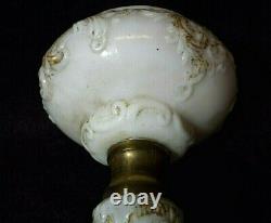 OLD Antique P &A Miniature BANQUET OIL LAMP Plume Atwood MILK GLASS Embossed 11