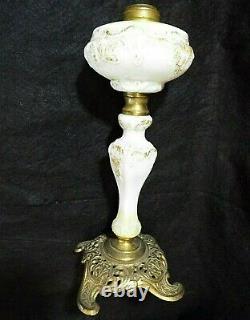 OLD Antique P &A Miniature BANQUET OIL LAMP Plume Atwood MILK GLASS Embossed 11