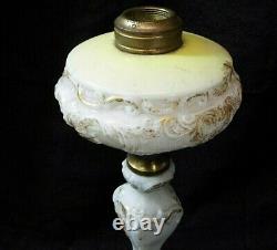 OLD Antique P &A Miniature BANQUET OIL LAMP Plume Atwood MILK GLASS Embossed 11