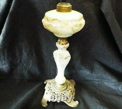 OLD Antique P &A Miniature BANQUET OIL LAMP Plume Atwood MILK GLASS Embossed 11