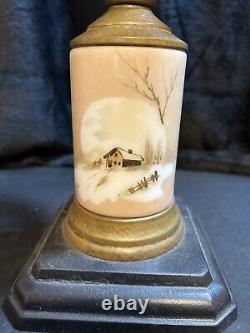Oil Lamp Victorian UNIQUE 2 Pc Globe Milk Glass Rual Scene Porcelain Post 20 1/2