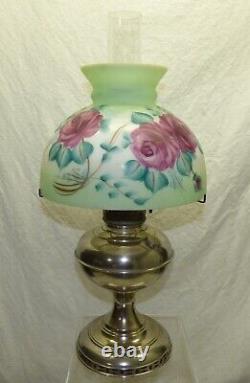 Oil Lamp with Floral Painted 10 Milk Glass Shade Antique Nickel Plated Brass Rayo