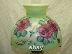 Oil Lamp with Floral Painted 10 Milk Glass Shade Antique Nickel Plated Brass Rayo