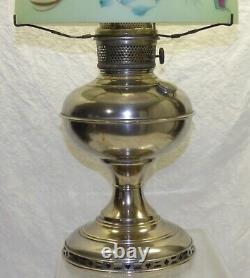 Oil Lamp with Floral Painted 10 Milk Glass Shade Antique Nickel Plated Brass Rayo