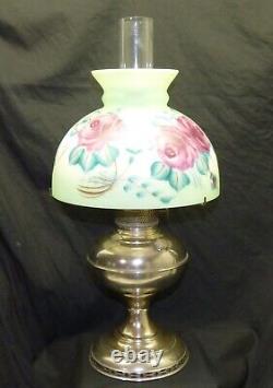 Oil Lamp with Floral Painted 10 Milk Glass Shade Antique Nickel Plated Brass Rayo