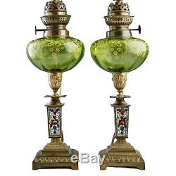 Oil Lamps, 19th C, French ChamplevÃ© and Art Gla, Pair, Lovely Antiques