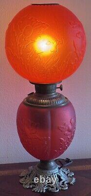 Old 1890 Red Satin Amberina Flower Electric Kerosene Oil Gone With The Wind Lamp
