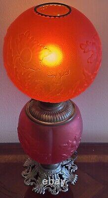 Old 1890 Red Satin Amberina Flower Electric Kerosene Oil Gone With The Wind Lamp